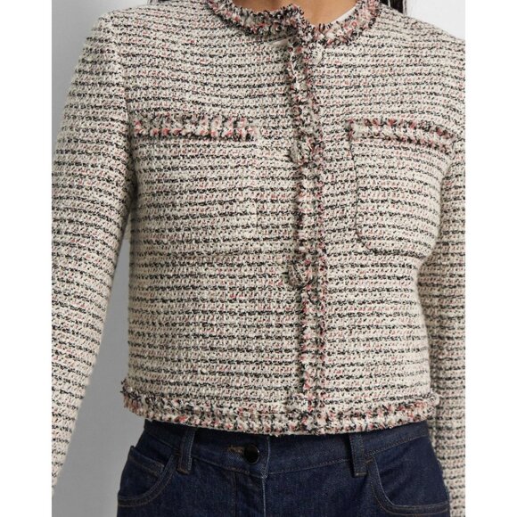 THEORY Preston Tweed Coral Multi Fringed Boxy Cropped Jacket, Size 6 - Picture 4 of 16